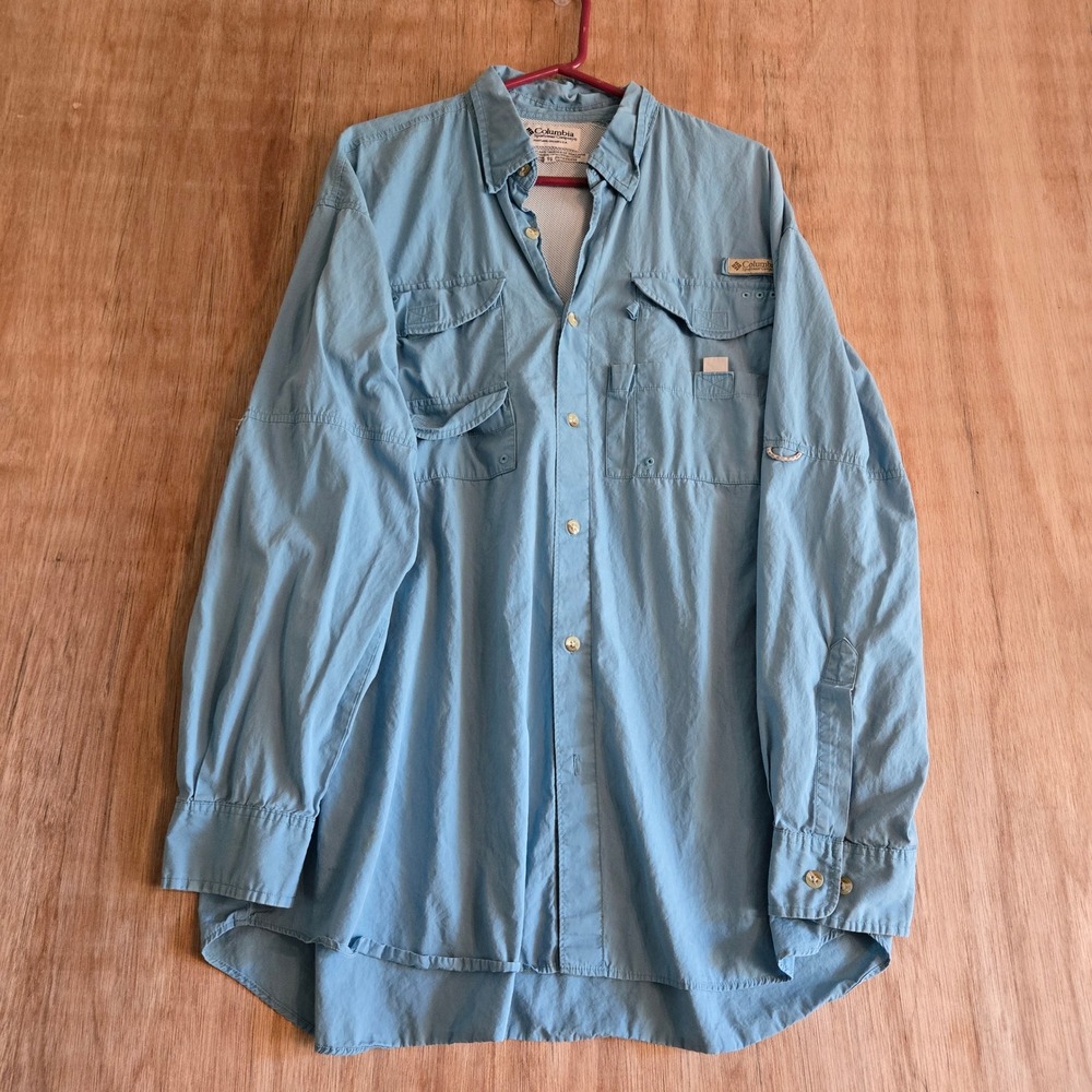 Columbia PFG Bahama II Fishing Shirt Mens XL Blue Long Sleeve Vented Outdoors